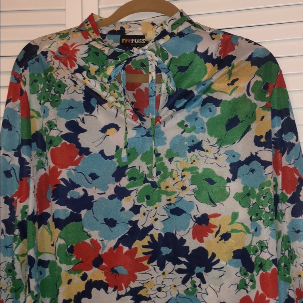Vintage flower power tie blouse large red yellow